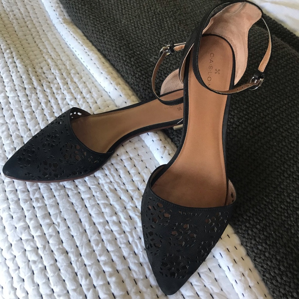 Caslon, Pointed Toe Flats, Black Leather, Die Cut